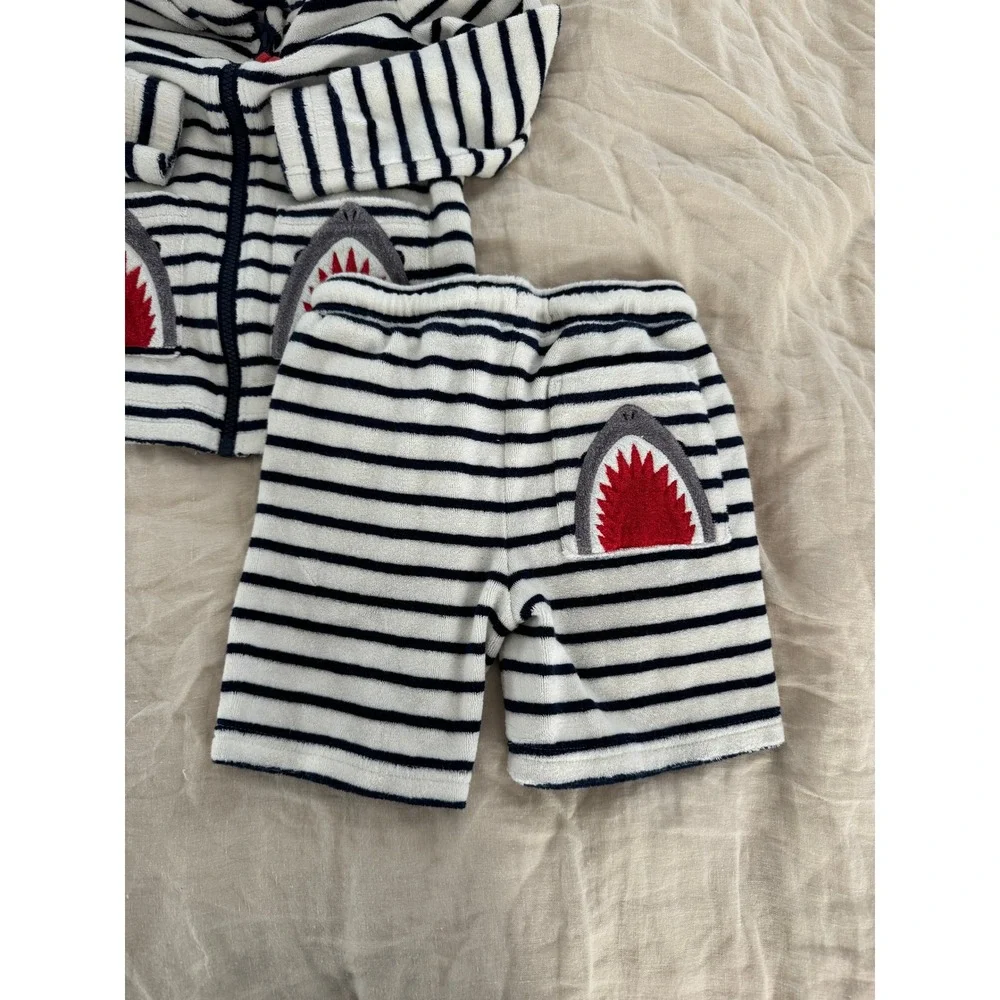 Mini Boden Kids Shark Terry Cloth Hoodie and Shorts Set Navy White Stripe 4-5Y